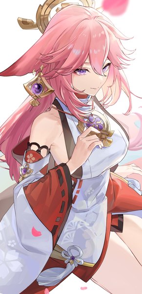Anime picture 1704x3519 with genshin impact yae miko haruno taku single long hair tall image fringe highres smile hair between eyes purple eyes animal ears looking away pink hair traditional clothes japanese clothes from above fox ears nontraditional miko girl