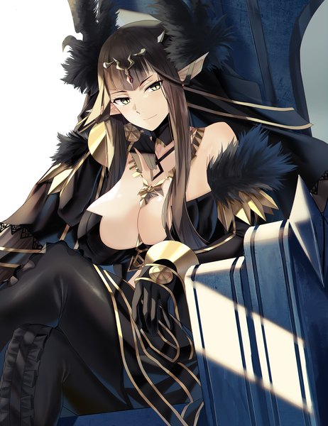 Anime picture 1200x1559 with fate (series) fate/apocrypha semiramis (fate) nicky w single long hair tall image looking at viewer blush fringe breasts light erotic black hair simple background white background sitting yellow eyes payot cleavage light smile