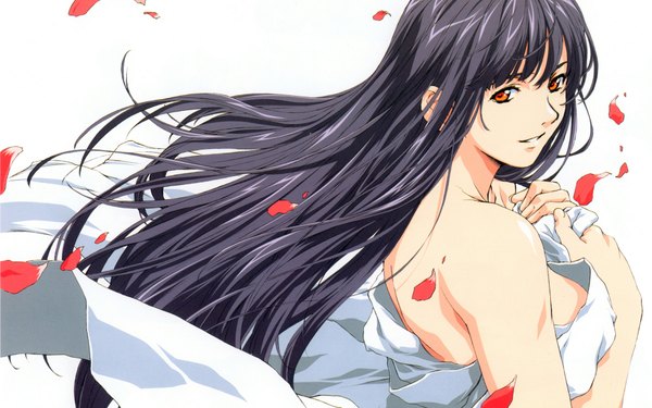 Anime picture 1920x1200 with original horibe hiderou long hair looking at viewer highres light erotic black hair simple background smile wide image white background bare shoulders wind scan no bra orange eyes girl petals