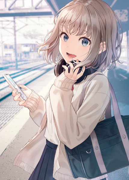 Anime picture 954x1334 with original hyuuga azuri single tall image looking at viewer fringe short hair open mouth blue eyes smile standing silver hair outdoors blunt bangs long sleeves :d pleated skirt sleeves past wrists headphones around neck hand on headphones