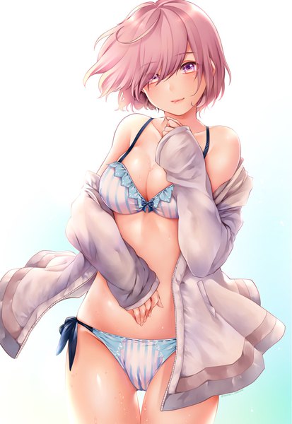 Anime picture 1412x2048 with fate (series) fate/grand order mash kyrielight yumari nakura single tall image looking at viewer blush fringe short hair breasts light erotic simple background standing purple eyes bare shoulders signed pink hair cleavage hair over one eye