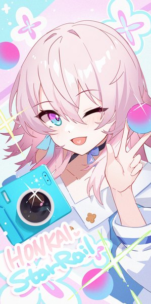 Anime picture 1200x2412 with honkai: star rail honkai (series) march 7th (honkai: star rail) apple caramel single long hair tall image looking at viewer fringe open mouth hair between eyes pink hair upper body one eye closed wink copyright name ;d multicolored eyes girl camera