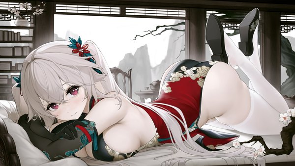 Anime-Bild 4000x2250 mit azur lane anchorage (azur lane) l ract single long hair looking at viewer fringe highres breasts light erotic hair between eyes red eyes wide image large breasts twintails absurdres ass white hair lying traditional clothes