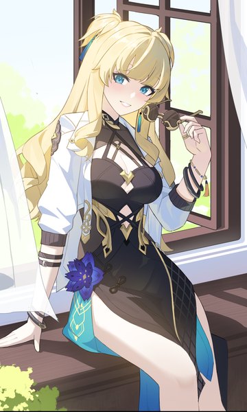 Anime picture 1594x2656 with honkai impact 3rd honkai (series) songque (honkai impact) sye- single long hair tall image looking at viewer fringe blue eyes blonde hair smile sitting indoors two side up grin sunglasses removed girl dress bracelet