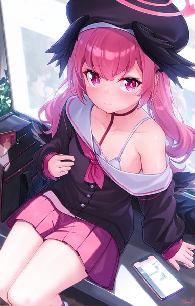 Anime picture 1800x2826 with blue archive koharu (blue archive) dango remi single long hair tall image looking at viewer fringe highres light erotic hair between eyes sitting twintails pink hair pleated skirt pink eyes from above off shoulder black wings head wings