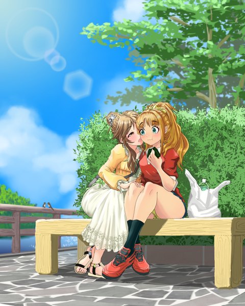 Anime picture 1280x1600 with idolmaster idolmaster cinderella girls takamori aiko hino akane (idolmaster) monobe yuri long hair tall image blush fringe light erotic blonde hair brown hair sitting multiple girls sky cloud (clouds) full body outdoors ponytail pantyshot