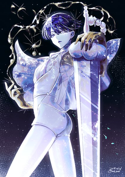 Anime picture 1000x1414 with houseki no kuni phosphophyllite phosphophyllite (ll) morino bambi single tall image looking at viewer fringe short hair hair between eyes signed blue hair sparkle twitter username dated black background androgynous spoilers uniform weapon