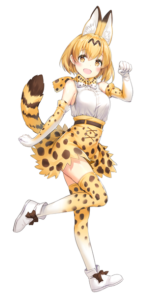 Anime picture 1030x1952 with kemono friends serval (kemono friends) marmoset (marmoset0) single tall image looking at viewer blush fringe short hair open mouth simple background blonde hair hair between eyes white background animal ears yellow eyes full body tail :d animal tail