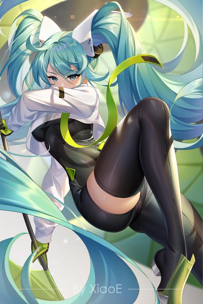 Anime picture 918x1375 with vocaloid goodsmile racing hatsune miku racing miku racing miku (2022) yue xiao e single tall image looking at viewer blush fringe breasts light erotic hair between eyes twintails holding signed bent knee (knees) long sleeves very long hair