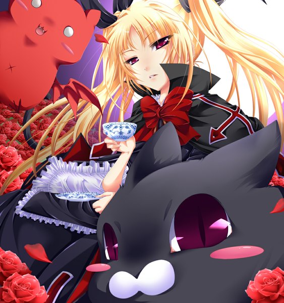 Anime picture 1000x1066 with blazblue rachel alucard gii nago sayo wini long hair tall image open mouth blonde hair red eyes twintails loli girl dress flower (flowers) bow hair bow petals rose (roses) cat