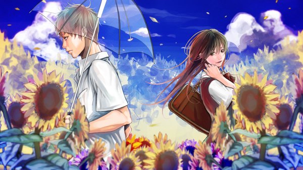 Anime picture 2000x1125 with vocaloid pizzap kyo 8sun long hair fringe highres short hair smile brown hair wide image brown eyes cloud (clouds) profile black eyes girl boy uniform flower (flowers) school uniform shirt