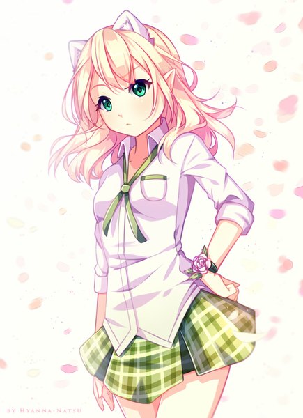 Anime picture 679x936 with original hyanna-natsu single long hair tall image looking at viewer blush fringe blonde hair standing green eyes animal ears pleated skirt pointy ears cat ears hand on hip plaid skirt open collar twisty sleeves girl