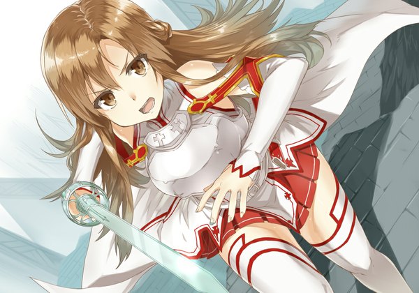Anime picture 1000x700 with sword art online a-1 pictures yuuki asuna heirou single long hair open mouth brown hair brown eyes girl thighhighs weapon detached sleeves white thighhighs sword