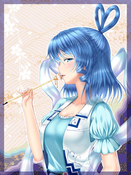 Anime picture 900x1200 with touhou kaku seiga u2 (5798239) single tall image short hair open mouth blue eyes blue hair profile border girl dress hair ornament hairpin (hairpins) shawl