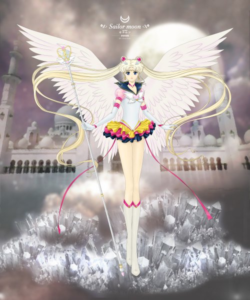 Anime picture 4133x4960 with bishoujo senshi sailor moon toei animation tsukino usagi sailor moon eternal sailor moon strontium-hu single long hair tall image looking at viewer fringe highres blue eyes blonde hair standing twintails holding signed absurdres full body