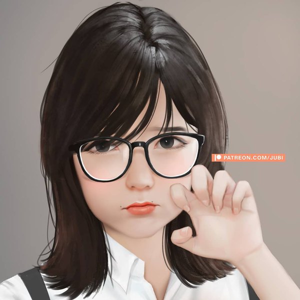 Anime picture 1080x1080 with real life ditta amelia saraswati jubi (regiana) single looking at viewer fringe short hair black hair simple background signed black eyes realistic grey background mole lipstick portrait open collar claw pose pout girl