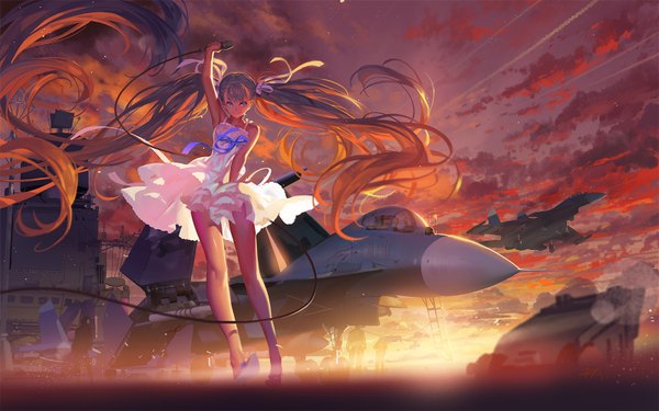 Anime picture 1600x1000 with vocaloid hatsune miku alphonse (white datura) single looking at viewer blue eyes smile twintails sky cloud (clouds) very long hair aqua hair evening sunset girl dress ribbon (ribbons) hair ribbon sundress microphone