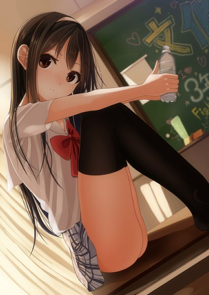 Anime picture 753x1063 with original kentaurosu single long hair tall image looking at viewer blush light erotic brown hair sitting brown eyes girl thighhighs skirt black thighhighs shirt hairband bowtie desk