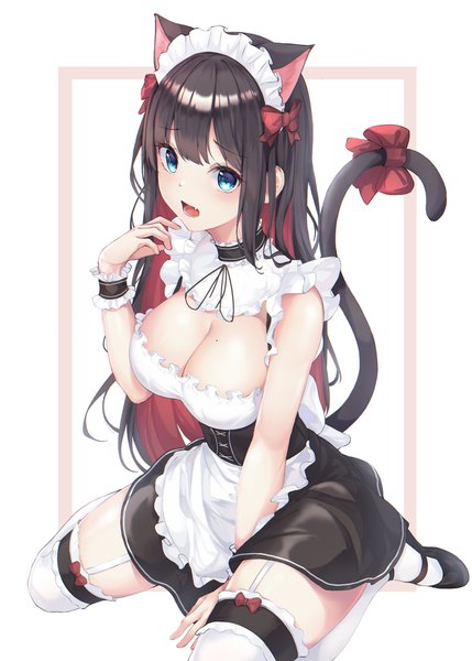 Anime picture 1463x2048 with original g home single long hair tall image looking at viewer blush fringe breasts open mouth blue eyes light erotic black hair simple background large breasts white background sitting animal ears payot cleavage