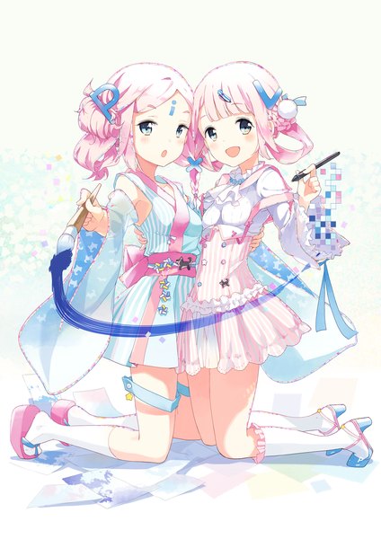 Anime picture 1181x1672 with original pixiv-tan tiv tall image looking at viewer blush short hair open mouth simple background twintails multiple girls pink hair braid (braids) japanese clothes inscription wide sleeves high heels character names hug kneeling