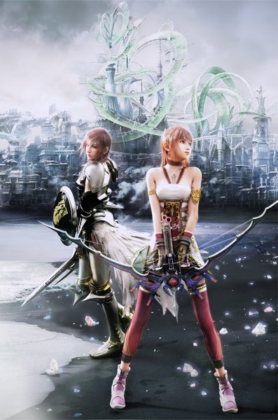 Anime picture 1280x1934 with final fantasy final fantasy xiii final fantasy xiii-2 square enix lightning farron serah farron tall image multiple girls pink hair realistic girl weapon 2 girls sword armor building (buildings) bow (weapon) shield tower