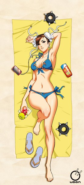 Anime picture 590x1283 with street fighter capcom chun-li arnistotle single tall image looking at viewer short hair breasts light erotic red eyes brown hair lying from above bare belly armpit (armpits) hair bun (hair buns) legs girl navel