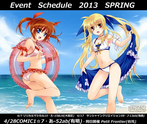 Anime picture 1000x847 with mahou shoujo lyrical nanoha fate testarossa takamachi nanoha kanna (plum) long hair short hair open mouth blue eyes light erotic blonde hair smile red eyes brown hair twintails bare shoulders multiple girls sky barefoot beach text
