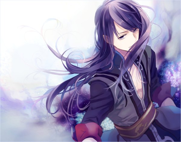 Anime picture 1400x1100 with tales of (series) tales of vesperia yuri lowell too mizuguchi single long hair purple eyes purple hair wind boy belt