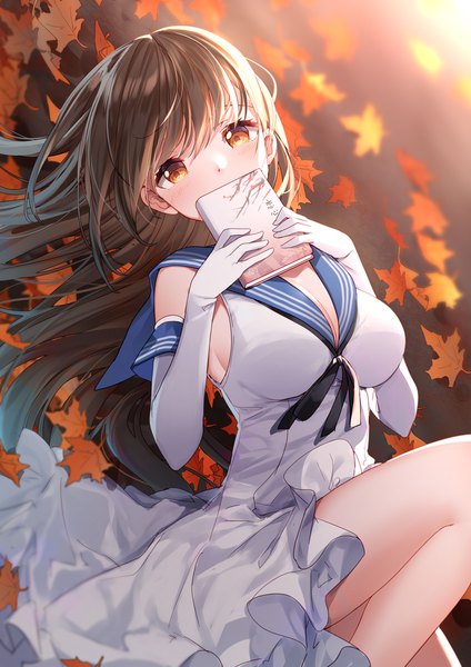 Anime picture 1000x1415 with warship girls r hermes (warship girls r) bison cangshu single long hair tall image looking at viewer blush fringe breasts large breasts holding cleavage bent knee (knees) outdoors lying blunt bangs on back covered mouth autumn