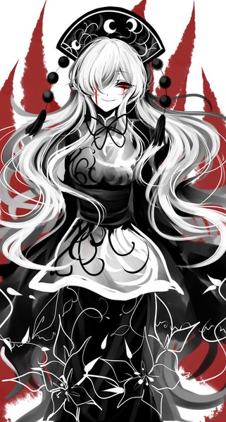 Anime picture 1900x3550 with touhou junko (touhou) sheya single long hair tall image looking at viewer fringe highres smile red eyes hair over one eye polychromatic bloody tears girl headdress blood tabard