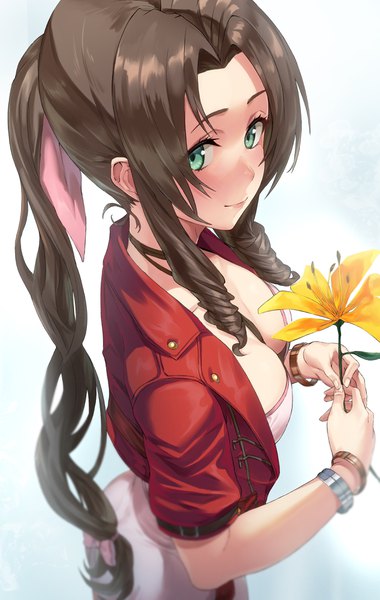 Anime picture 2519x3980 with final fantasy final fantasy vii final fantasy vii remake square enix aerith gainsborough fujitsubo (hujitubo0731) single long hair tall image looking at viewer blush fringe highres breasts smile brown hair standing holding green eyes payot