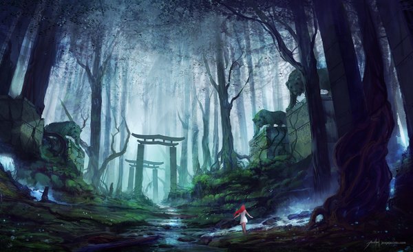 Anime picture 1400x857 with original jjcanvas single long hair wide image standing red hair bare legs back spread arms waterfall girl dress plant (plants) tree (trees) water white dress forest stone (stones) arch