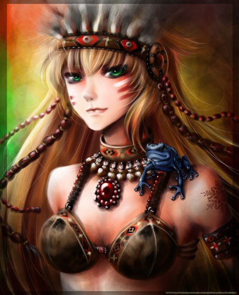 Anime picture 3146x3883 with original ryuuka-nagare long hair tall image highres blonde hair green eyes absurdres realistic facial mark border face paint native american girl animal jewelry bikini top frog native american headdress