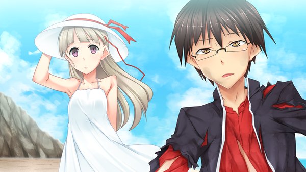 Anime picture 1280x720 with ryuusei no arcadia long hair short hair black hair wide image purple eyes yellow eyes game cg silver hair torn clothes girl boy hat glasses sundress