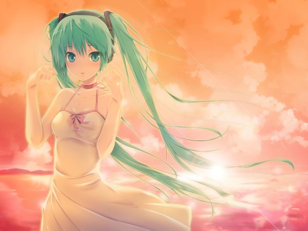 Anime picture 1200x900 with vocaloid hatsune miku single long hair looking at viewer blush standing twintails sky cloud (clouds) upper body arm up aqua eyes wind aqua hair girl dress hair ornament headphones pink dress