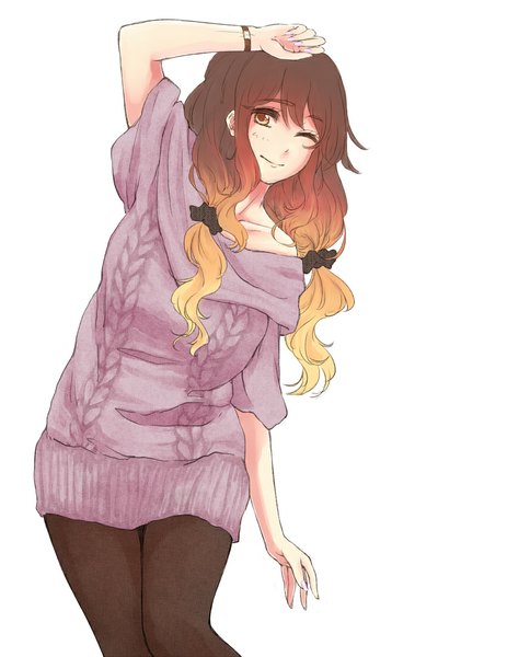 Anime picture 850x1100 with touhou hijiri byakuren mayoln single tall image blush fringe simple background brown hair standing white background twintails brown eyes looking away one eye closed wink hand on head girl pantyhose sweater