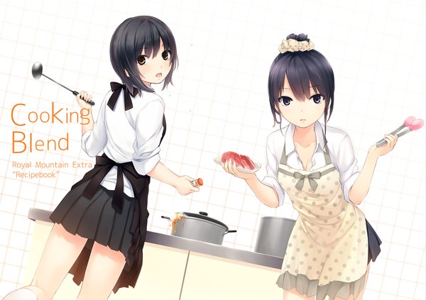 Anime picture 1600x1130 with original aoyama sumika shiramine rika coffee-kizoku looking at viewer short hair open mouth black hair multiple girls brown eyes cooking girl skirt 2 girls shirt apron meat