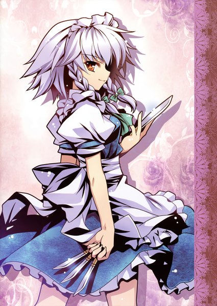 Anime picture 2957x4179 with touhou izayoi sakuya capura lin tall image highres short hair smile braid (braids) profile grey hair orange eyes twin braids pink background girl bow weapon hair bow bonnet knife dagger