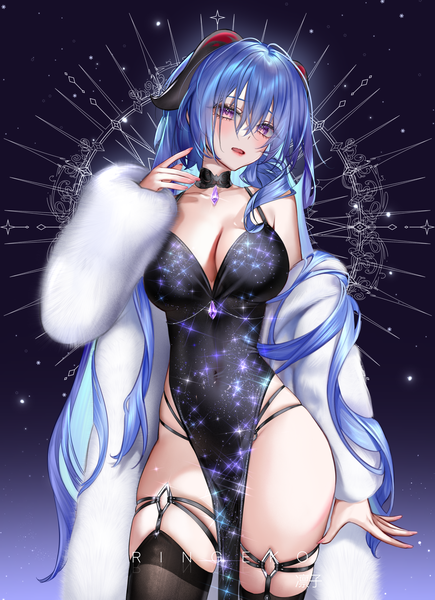 Anime picture 4000x5515 with genshin impact ganyu (genshin impact) ringeko-chan single long hair tall image looking at viewer fringe highres breasts open mouth light erotic simple background hair between eyes large breasts standing purple eyes signed blue hair absurdres