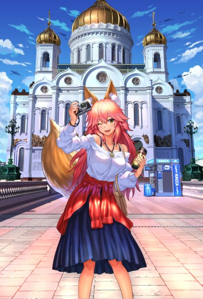 Anime picture 836x1232 with fate (series) fate/grand order fate/extra tamamo (fate) (all) tamamo no mae (fate) npcpepper single long hair tall image looking at viewer blush fringe breasts open mouth smile hair between eyes standing bare shoulders holding animal ears