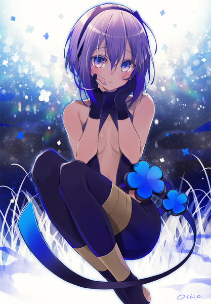 Anime picture 695x1000 with fate (series) fate/prototype: fragments of blue and silver fate/prototype hassan of serenity (fate) oshio (dayo) single tall image looking at viewer blush fringe short hair breasts open mouth light erotic hair between eyes purple eyes bare shoulders signed payot purple hair