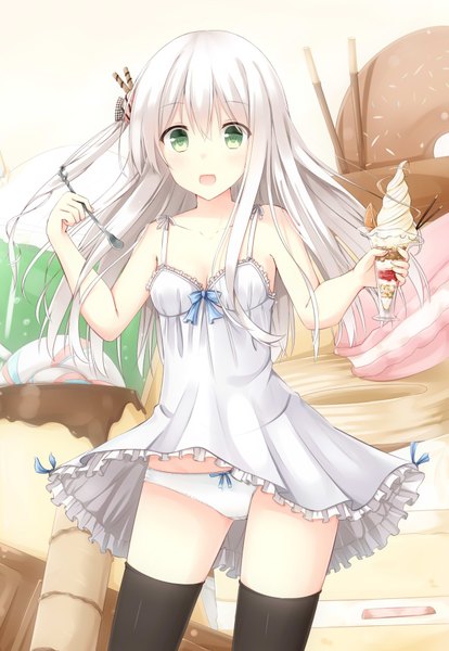 Anime picture 2450x3550 with original mitoko (tsuchikure) tsuchikure (3105mitoko) single long hair tall image looking at viewer highres blue eyes light erotic white hair girl thighhighs dress underwear panties black thighhighs food sweets sundress