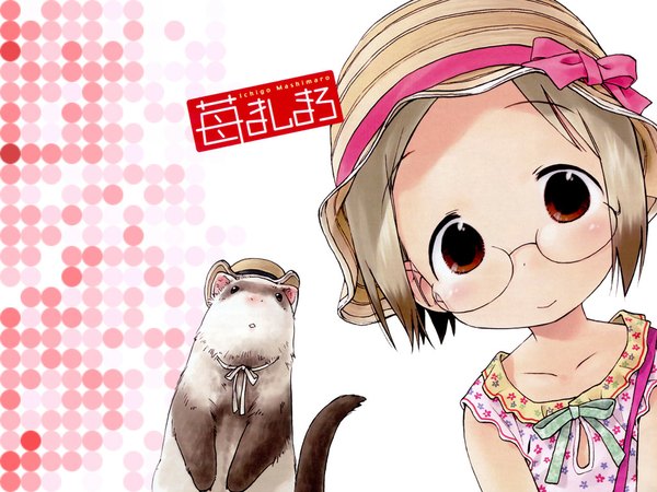 Anime picture 1024x768 with ichigo mashimaro sakuragi matsuri single short hair smile brown eyes upper body grey hair girl hat animal glasses ferret
