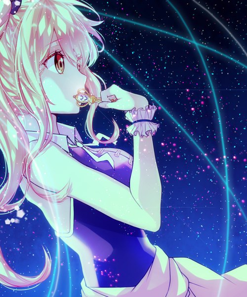 Anime picture 1500x1800 with fairy tail lucy heartfilia lium single long hair tall image fringe blonde hair twintails bare shoulders brown eyes payot looking away upper body profile multicolored hair hair over one eye night night sky gradient hair