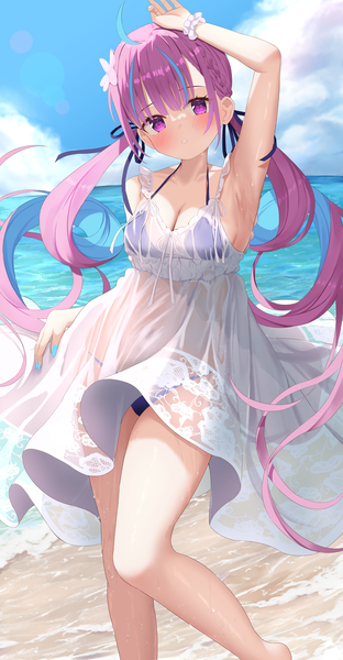 Anime picture 1380x2654 with virtual youtuber hololive minato aqua saki (saki paint) single long hair tall image looking at viewer blush fringe breasts light erotic purple eyes twintails sky purple hair cloud (clouds) ahoge outdoors blunt bangs