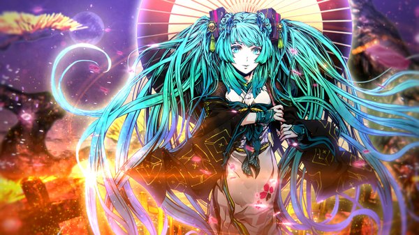 Anime picture 1920x1080 with vocaloid hatsune miku nagimiso single long hair highres wide image twintails japanese clothes aqua eyes aqua hair night girl plant (plants) petals tree (trees) belt kimono moon umbrella