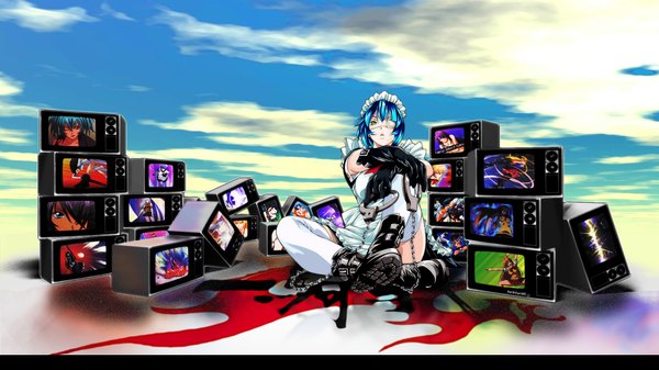 Anime picture 1920x1080 with ikkitousen ryomou shimei single highres short hair wide image green eyes blue hair cloud (clouds) maid bandage over one eye girl thighhighs gloves white thighhighs boots headdress maid headdress eyepatch handcuffs