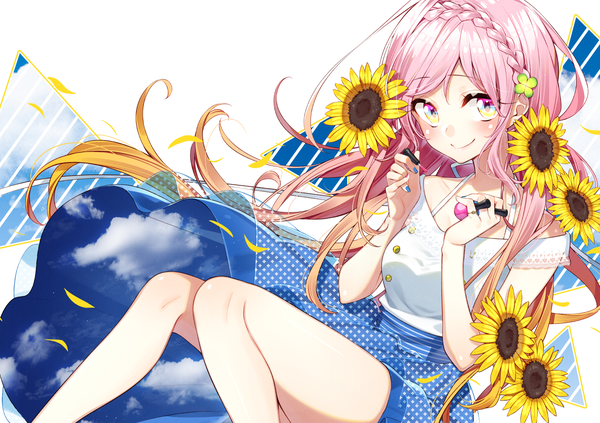 Anime picture 1505x1062 with original sakuragi ren single long hair looking at viewer blush fringe breasts simple background smile hair between eyes standing white background sitting bare shoulders holding yellow eyes pink hair sky cloud (clouds)
