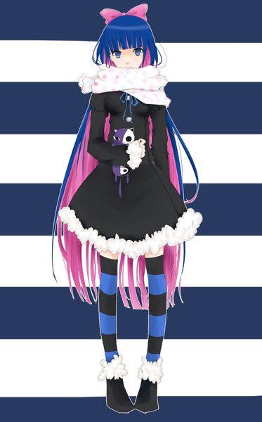 Anime picture 2000x3213 with panty & stocking with garterbelt anarchy stocking single long hair tall image highres blue eyes multicolored hair two-tone hair striped colored inner hair striped background girl thighhighs bow hair bow scarf cat toy stuffed animal