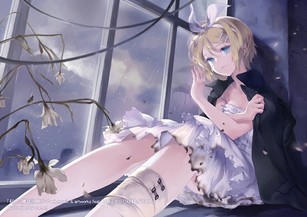 Anime picture 1000x707 with vocaloid kagamine rin comet (teamon) single short hair blue eyes blonde hair tears girl dress flower (flowers) bow hair bow petals jacket window bandage (bandages)